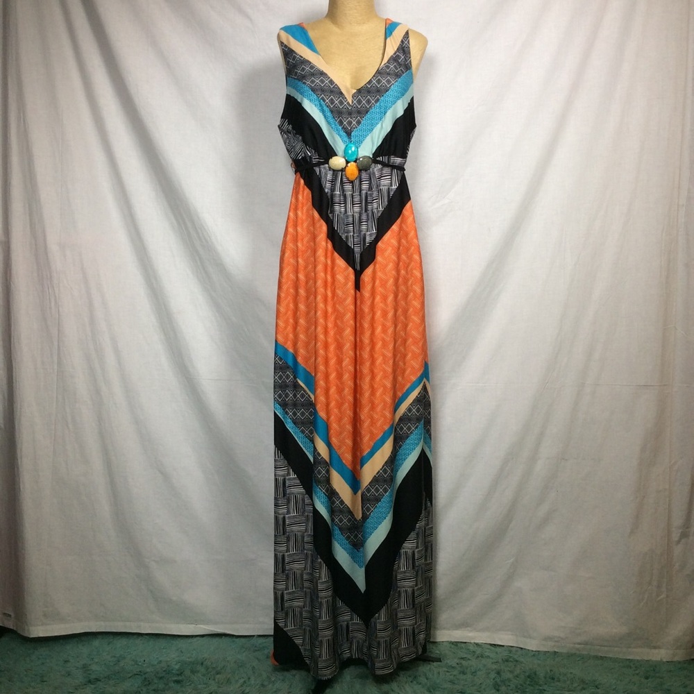 NY Collection Women’s Black/Orange Chevron Pattern w Beaded Tie Belt Maxi Dress